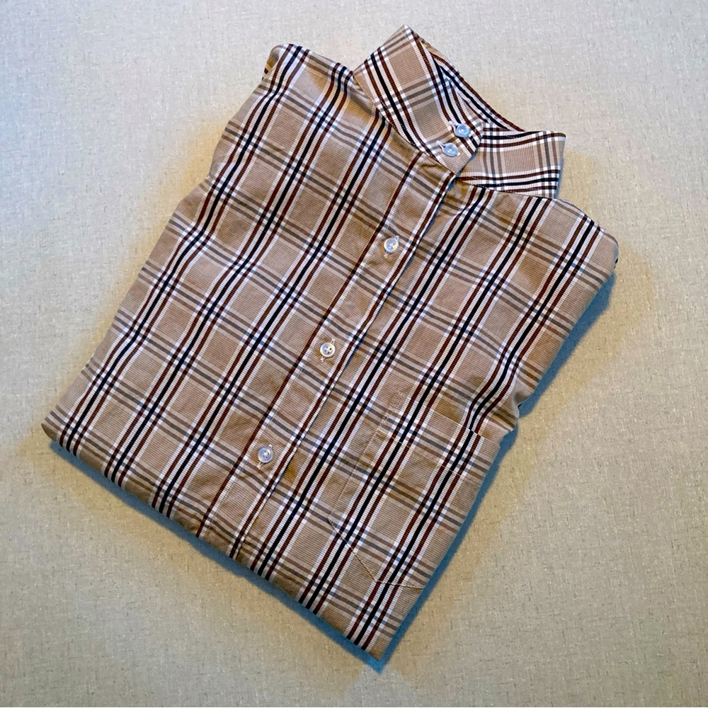 Boo Yah Custom Clothing,  Shirt,  Nehru Style Collar, Brown Plaid, Size 36.